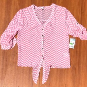 🍉 Bongo Peach Zig-Zag Striped Sheer Gold Button Down Tie Front Blouse - L